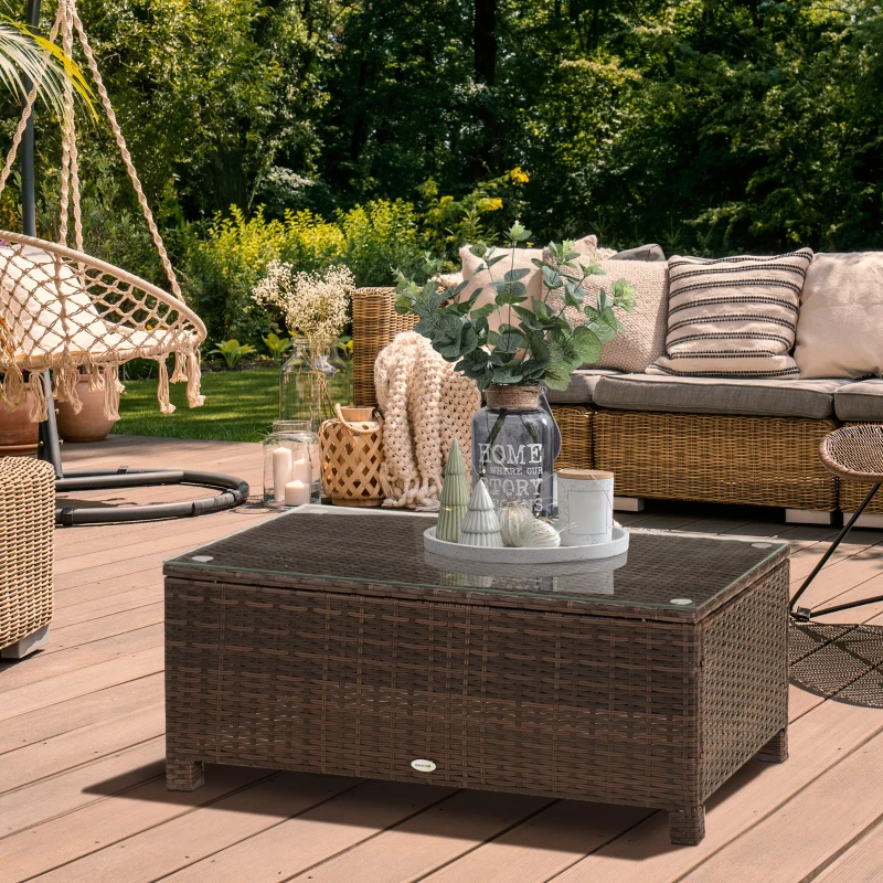 Best PE Rattan Garden Coffee Table with Glass Table Top - Brown - Image 2