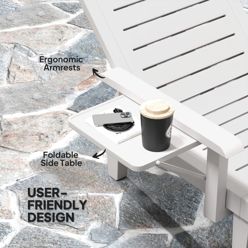 Best Set of 2 Resin Reclining Sun Loungers for Garden, 5 Positions Adjustable Outdoor Chaise Lounge Chairs with Wood Texture Surface, Armrests, Foldable Side Table for Garden, Beach, White - Image 5