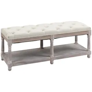 Best 2-Tier Bed End Bench, Vintage Stool, Wooden Window Seat with Storage Shelf, Button Tufted Upholstered Footstool for Living Room, Bedroom, Entryway, Cream White