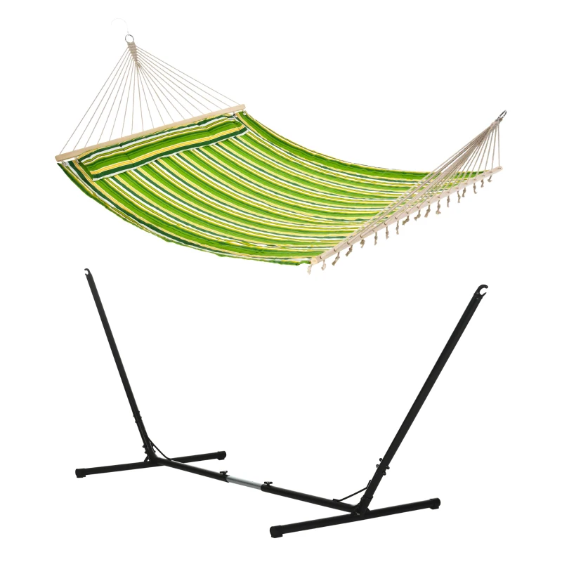 Best Outdoor Garden Hammock with Stand, Double Cotton Hammock with Adjustable Steel Frame, Swing Hanging Bed with Pillow, for Garden, Patio, Beach, Green Stripes