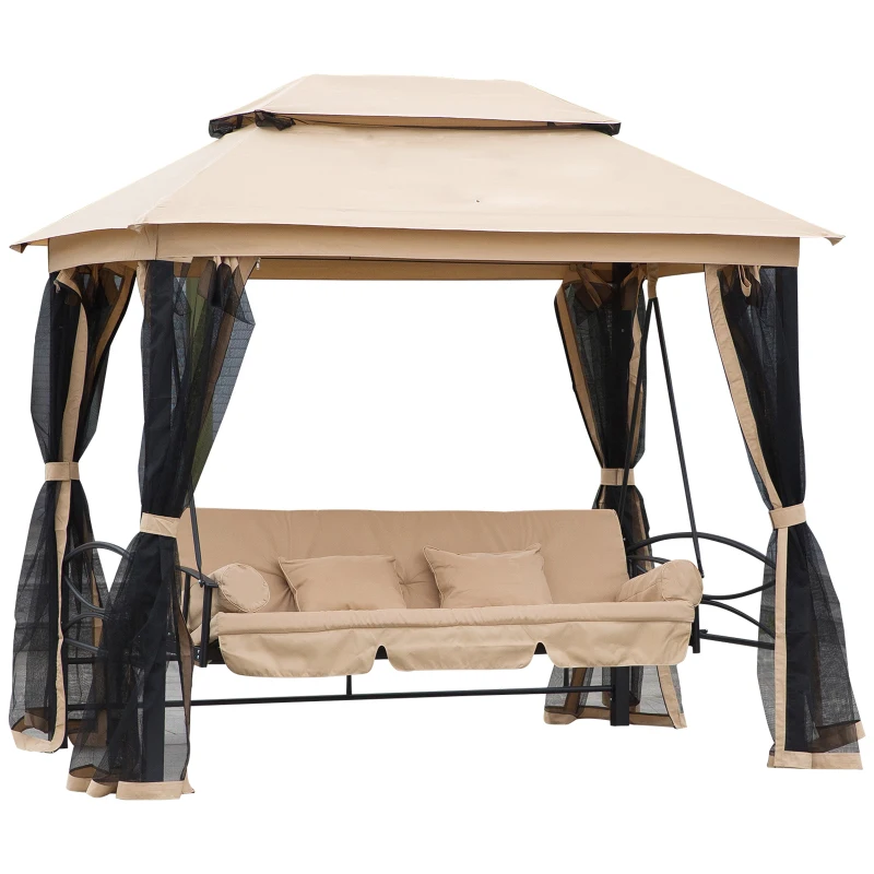 Best 3 Seater Swing Chair 3-in-1 Convertible Garden Swing Seat Bed Gazebo Patio Bench Outdoor with Double Tier Canopy, Cushioned Seat, Mesh Sidewalls, Beige