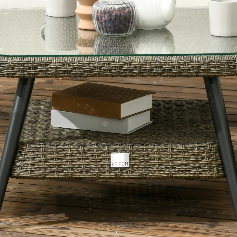 Best 5 Pieces Outdoor Rattan Corner Sofa, Round and Twin Half-round Wicker Woven Rattan Garden Furniture w/ Thick Padded Cushions and Tempered Glass Top Two-tier Table, Grey - Image 7