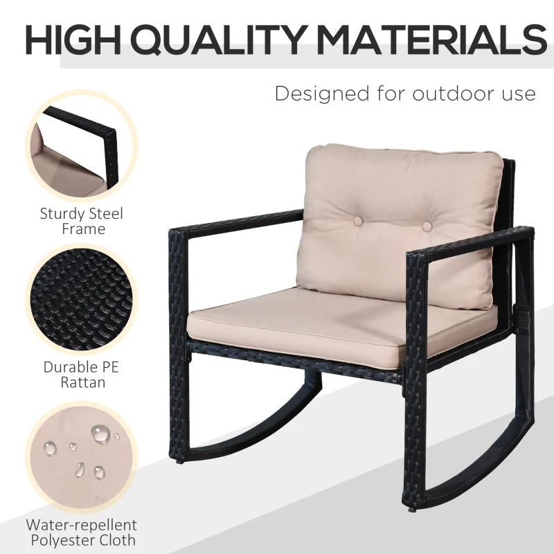 Best 3 Pieces Rattan Garden Rocking Chair Set, Outdoor Rocking Bistro Set w/ 2 Cushioned Armchair and Glass Top Two-tier Coffee Table, Black - Image 5