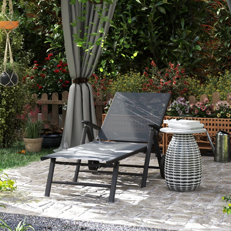 Best Folding Sun Lounger with Wheels, 5-Position Adjustable Garden Chaise Lounge Sunbed with Armrests, Metal Frame Outdoor Portable Reclining Chair for Beach, Porch, Grey - Image 2