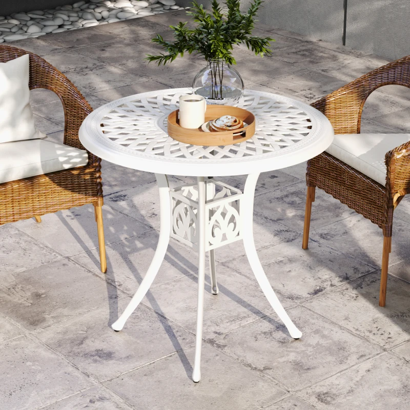 Best 78 cm Round Garden Dining Table with Parasol Hole Antique Cast Aluminium Outdoor Table Only, White - Image 6