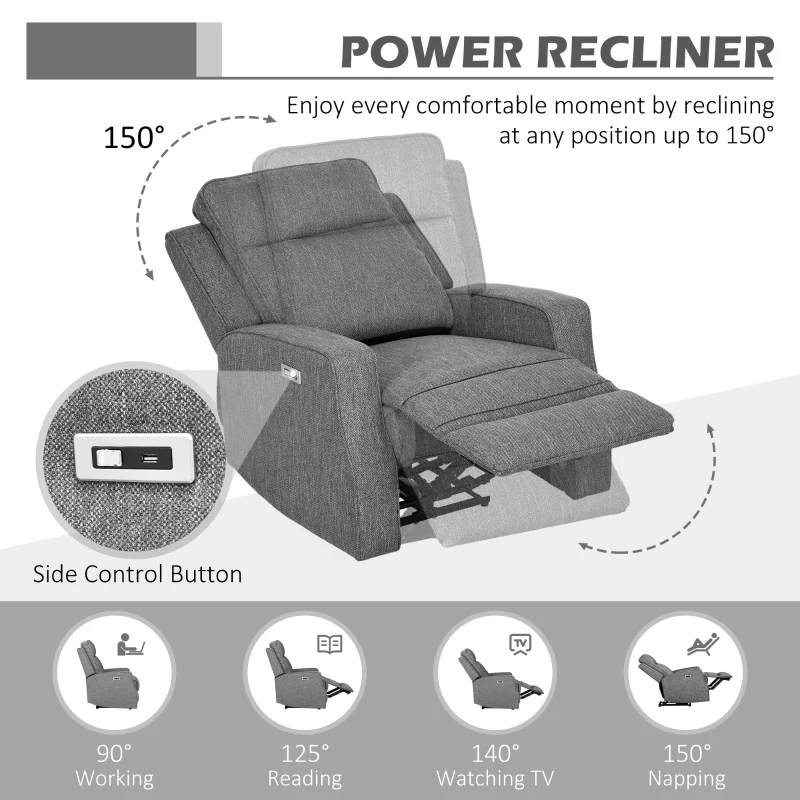 Best 150° Electric Reclining Chair, with USB port and Footrest - Charcoal Grey - Image 4