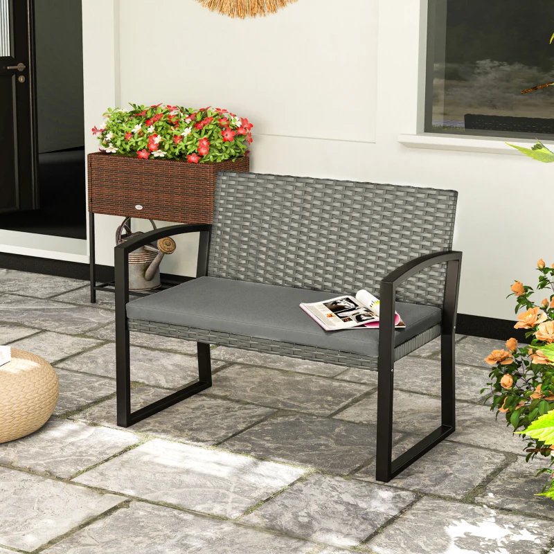 Best Two-Seater Rattan Garden Bench - Grey/Black - Image 2