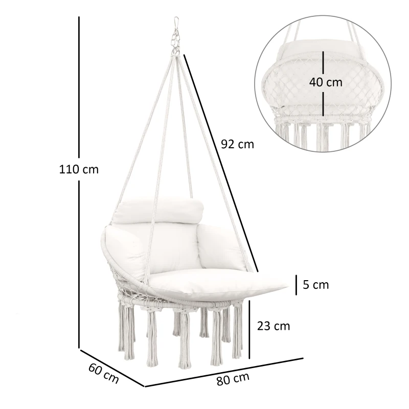 Best Hanging Chair Outdoor Hammock Chair with Soft Cushion, Cotton Rope Boho Style Swing Chair, Hanging Garden Swing Seat for Indoor Outdoor, Cream White - Image 3