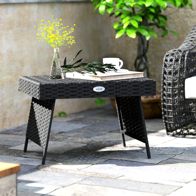 Best Foldable Outdoor Side Table, Rattan Garden Coffee Table with Steel Frame, Space Saving Bistro Garden Furniture for Patio, Balcony, 60 x 41 x 41 cm, Black - Image 2
