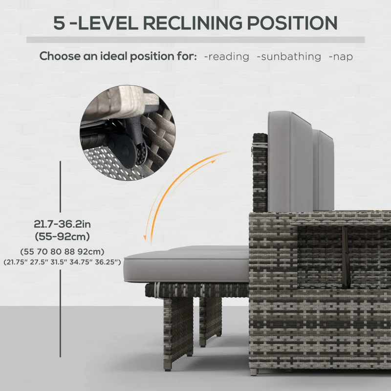 Best Rattan Sun Lounger w/ Storage Tea Table & Footstools, Grey - Image 6