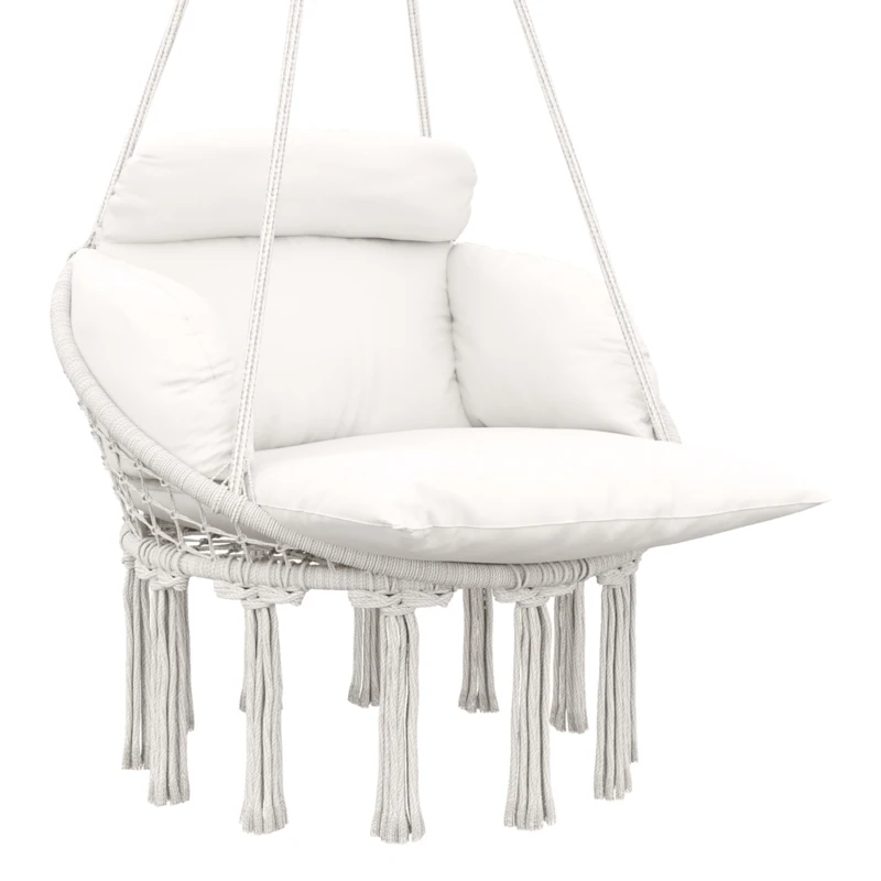 Best Hanging Chair Outdoor Hammock Chair with Soft Cushion, Cotton Rope Boho Style Swing Chair, Hanging Garden Swing Seat for Indoor Outdoor, Cream White
