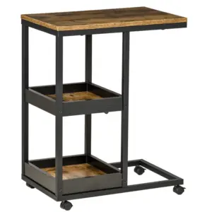Best Industrial Mobile Sofa Side Table C-Shaped Rolling Couch Table with 3-Tier Storage Shelving Four Lockable Wheels Steel Frame - Brown