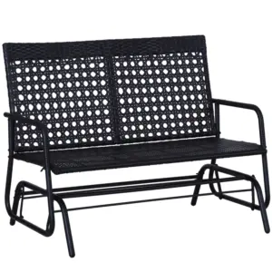 Best 2 Seater PE Rattan Glider Bench, Outdoor Loveseat Chair with Steel Frame, Porch Rocking Glider for 2 Person with Armchair, High Back, Black