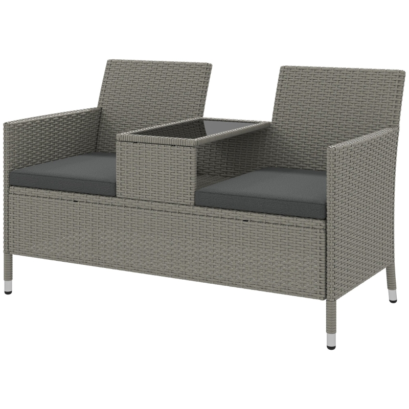 Best 2-Seater PE Rattan Outdoor Garden Bench w/ Centre Table Grey - Image 11