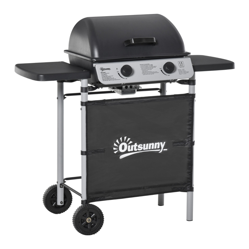 Best 2 Burner Gas BBQ Trolley with Lid, 5.6 kW Gas Barbecue Grill with Wheels, Side Shelves, Black - Image 11