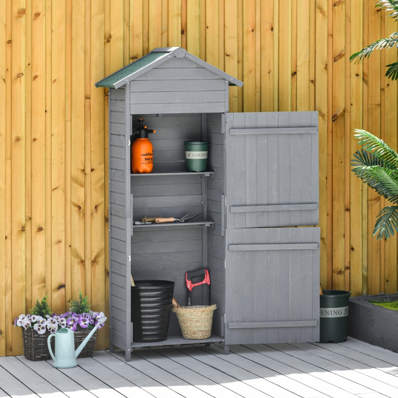 Best Wooden Garden Storage Shed Utility Gardener Cabinet w/ 3 Shelves, Tilted-felt Roof and Two Lockable Doors, 79cm x 49cm x 191.5cm, Dark Grey - Image 11