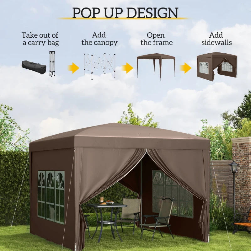 Best 3 x 3 m Pop Up Gazebo, Wedding Party Canopy Tent Marquee with Carry Bag and Windows, Coffee - Image 4