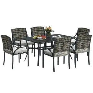 Best Rattan Garden Furniture Set with Cushions, 6 Seater Rattan Dining Set with 6 Armchairs, 150 x 96cm Rectangular Table, Umbrella Hole, for Outdoor, Patio, Balcony, Terrace, Conservatory