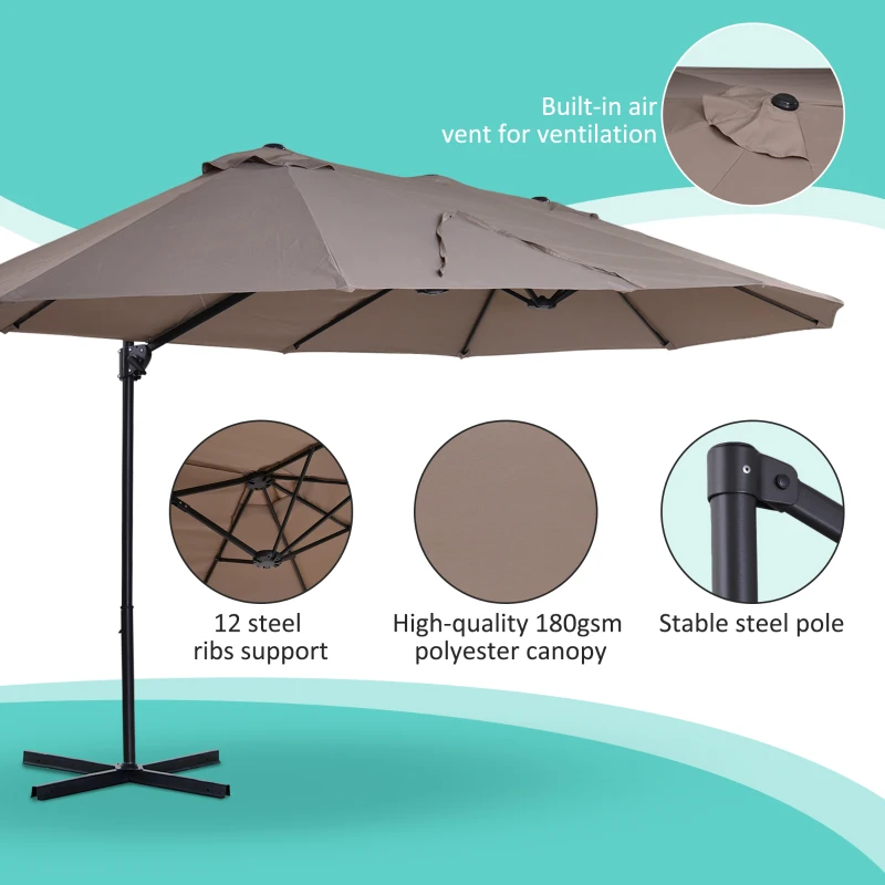 Best Double Canopy Offset Parasol Umbrella Garden Shade with 12 Support Ribs Crank Handle Easy Lift Twin Canopy Brown - Image 5