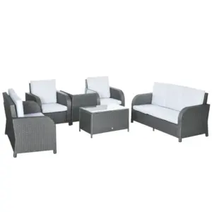 Best 7 Seater Outdoor Rattan Garden Furniture Sets with Wicker Sofa, Reclining Armchair and Glass Table, 181x75x81cm, Grey