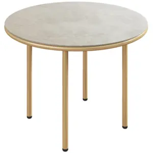 Best Round Small Garden Table, 60cm Outdoor Side Table with Faux Marble Tempered Glass Top, Steel Frame for Garden Patio Balcony, Beige