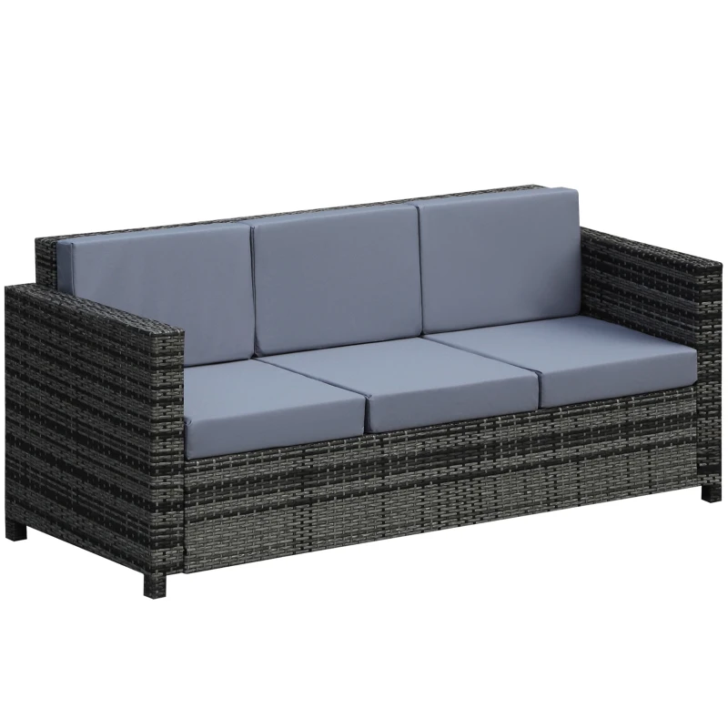 Best 3 Seater All Weather Outdoor Sofa, Garden Rattan Sofa with Cushions and Mental Frame, Grey