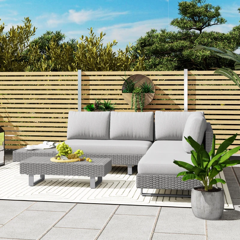 Best 5-Seater Rattan Wicker Sofa Set Furniture Patio Tea Table Set with Cushions, Light Grey - Image 8