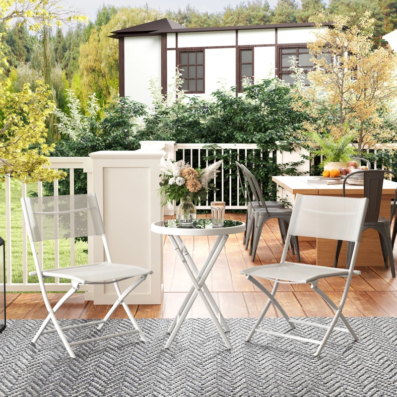 Best 3 Pieces Outdoor Bistro Set, Glass Top Outdoor Table and 2 Folding Chairs with Protecting Feet, White - Image 2