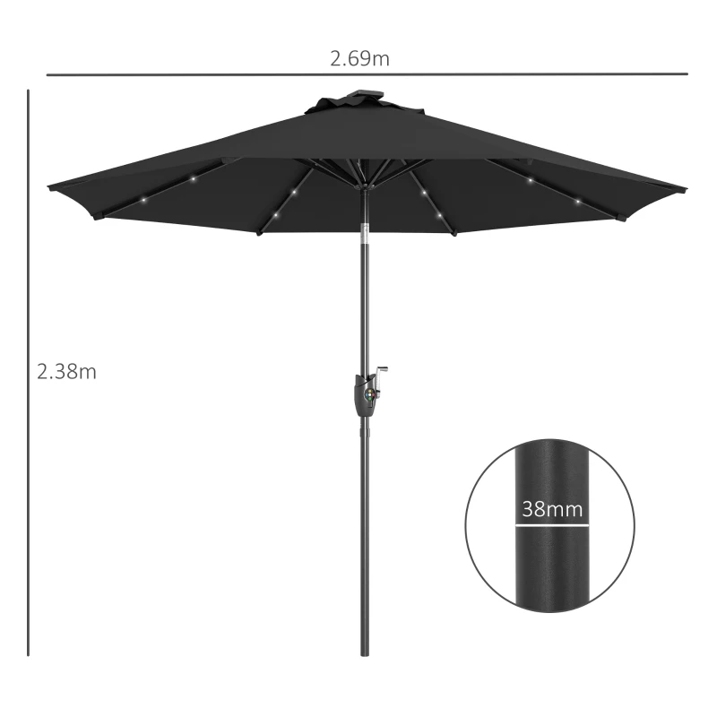 Best Φ2.7m Garden Parasol Solar Outdoor Tilt Sun Umbrella Patio Sun Shade w/ 24 LED Light, Hand Crank and 8 Ribs, Black - Image 3
