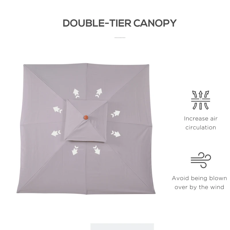 Best 3 x 3 (m) Garden Parasol Umbrella, Large Square Outdoor Patio Sunshade Canopy with Double Tier, 48 mm Wooden Pole, 8 Ribs for Balcony, Grey - Image 5