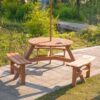 Best 6 Seater Wooden Picnic Table and Garden Benches Set, Round Garden Dining Set with 3 Benches and Umbrella Hole Outdoor Garden Park, Brownish Red - Image 10