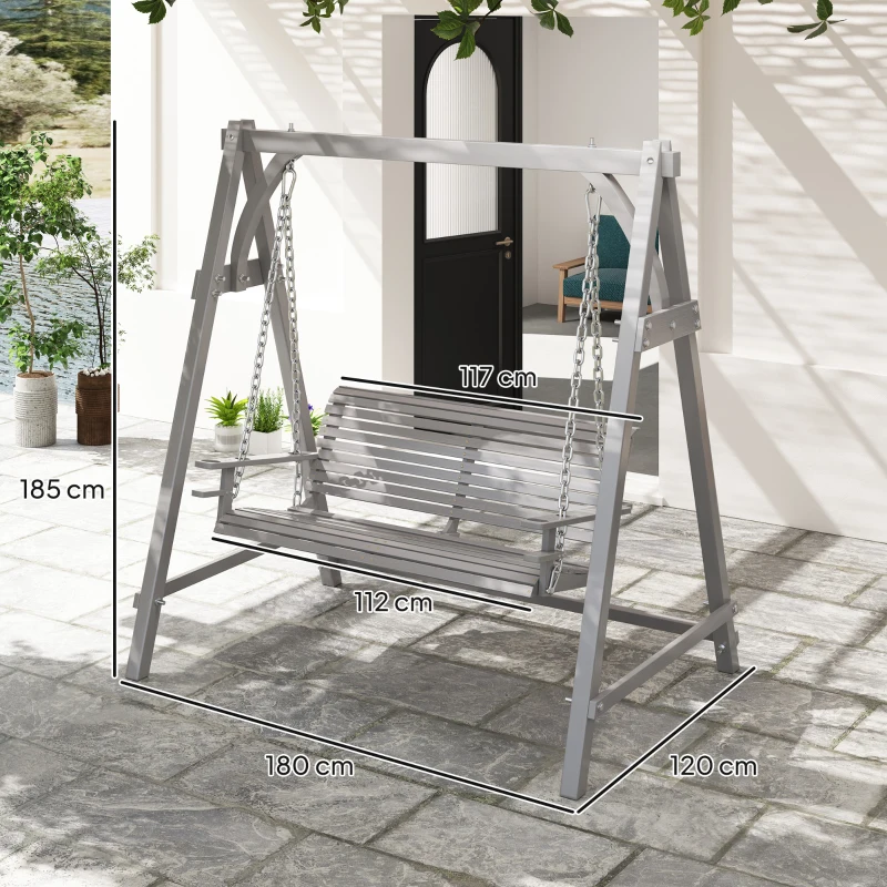 Best 2 Seater Garden Swing Seat, Wooden Swing Chair Bench with Cup Holders for Outdoor Porch Patio, Grey - Image 3
