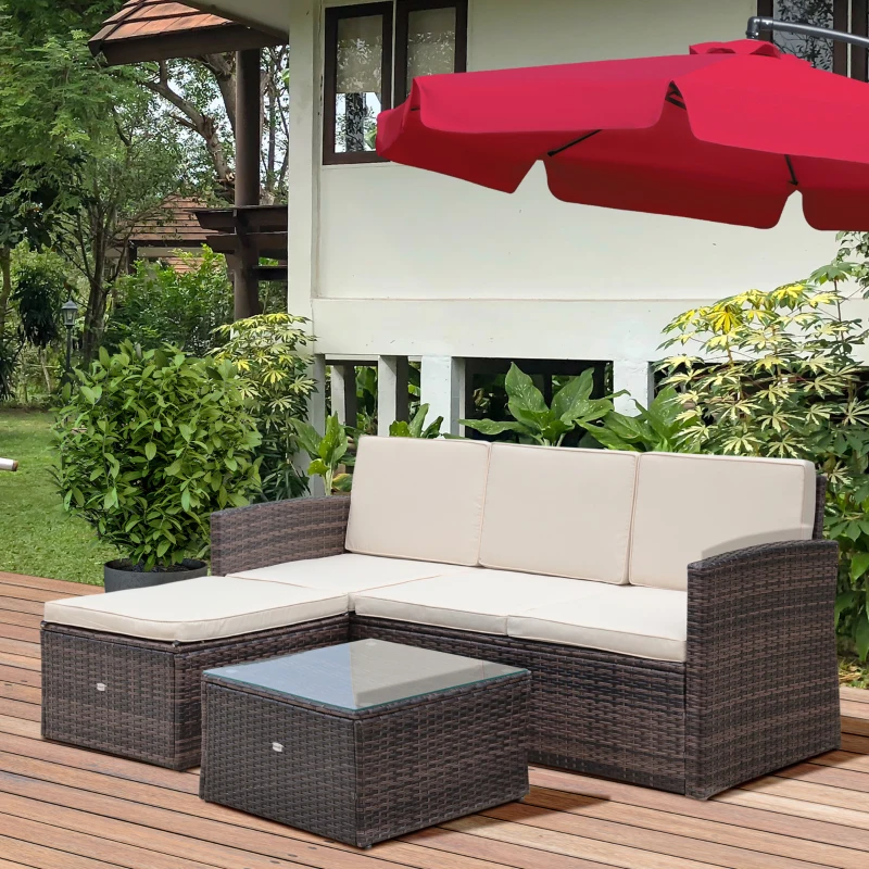 Best 3 Pieces Outdoor PE Rattan Corner Sofa Set with Thick Cushions, Patio Rattan Garden Furniture with Glass Top Coffee Table and Footstool, Brown - Image 2