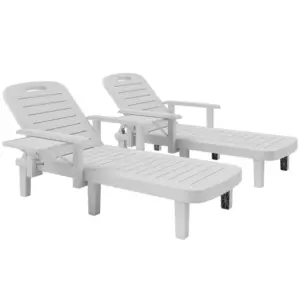 Best Set of 2 Resin Reclining Sun Loungers for Garden, 5 Positions Adjustable Outdoor Chaise Lounge Chairs with Wood Texture Surface, Armrests, Foldable Side Table for Garden, Beach, White