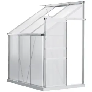 Best 6 x 4ft Lean to Wall Polycarbonate Greenhouse Aluminium Walk-in Garden Greenhouse with Adjustable Roof Vent, Rain Gutter and Sliding Door, Clear