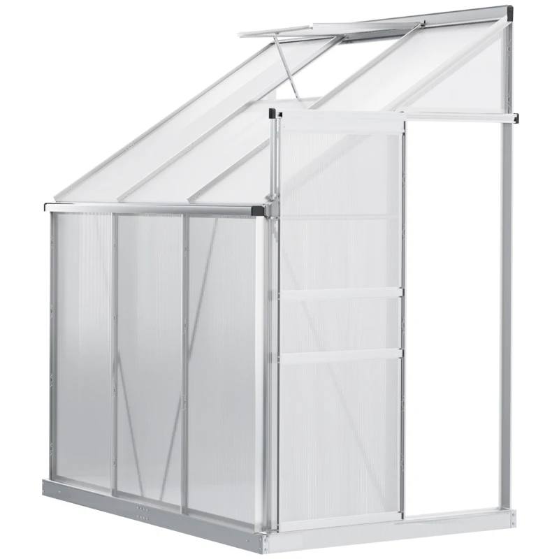 Best 6 x 4ft Lean to Wall Polycarbonate Greenhouse Aluminium Walk-in Garden Greenhouse with Adjustable Roof Vent, Rain Gutter and Sliding Door, Clear