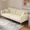 Sherpa Convertible Sofa Bed with 2 Side Pockets, Adjustable Backrest, Gold Legs, Elegant Loveseat for Bedroom, 176L x 64W x 75H cm, Beige - Image 4