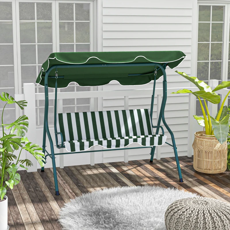Best 3 Seater Garden Swing Seat Chair Outdoor Bench with Adjustable Canopy and Metal Frame, Green Stripes - Image 2