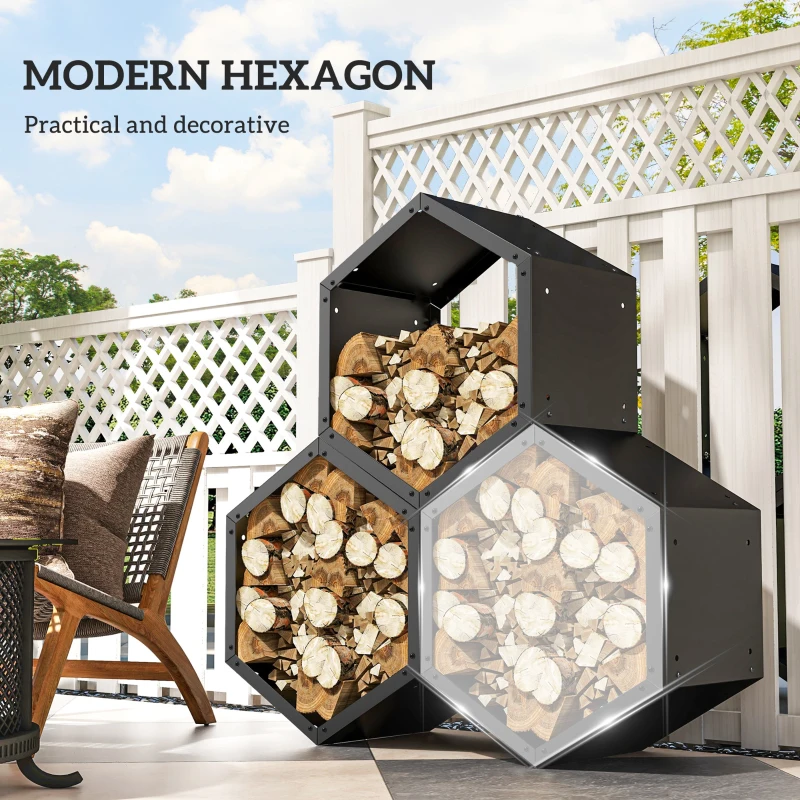 Best Fireplace Log Rack, Steel Firewood Log Holder, 3 Hexagon Boxes, Indoor Outdoor Wood Storage Shelf, 113 x 37 x 113cm, Black - Image 4