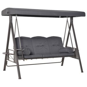 Best 3 Seater Garden Swing Chair Outdoor Hammock Bench w/ Adjustable Canopy, Cushions and Cup Trays, Brown Steel Frame, Dark Grey Fabric