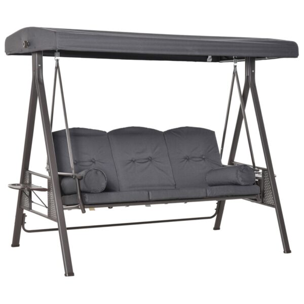 Best 3 Seater Garden Swing Chair Outdoor Hammock Bench w/ Adjustable Canopy, Cushions and Cup Trays, Brown Steel Frame, Dark Grey Fabric