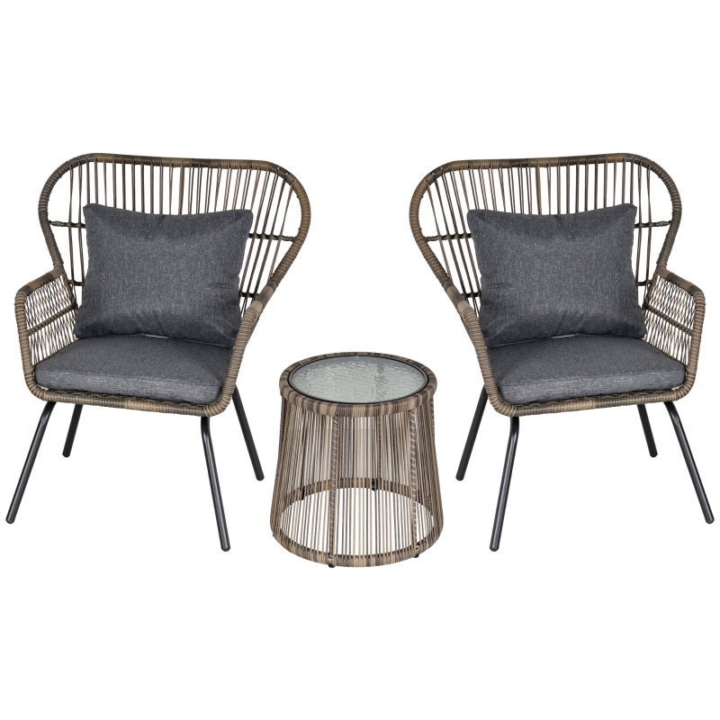 Best 3 Pieces Rattan Bistro Set, Wicker Garden Furniture Set with Cushions, Glass Top Coffee Table and Chairs for Outdoor, Patio, Balcony, Grey - Image 11