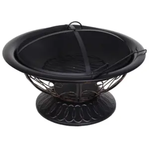 Best Metal Large Firepit Bowl Outdoor Round Fire Pit Brazier w/ Lid, Log Grate, Poker, Elegant Scrolls for Backyard, Camping, Bonfire, Wood Burning Stove, 76 x 76 x 50cm, Black