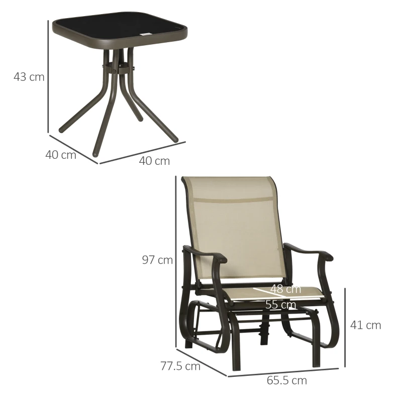 Best Set of 3 Gliding Chair & Tea Table Set, Outdoor Rocker Set with 2 Armchairs, Tempered Glass Tabletop, Khaki - Image 3