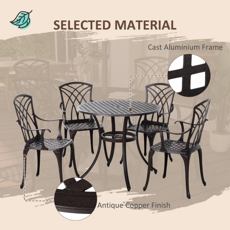 Best 5 Pieces Garden Dining Set for 4, Cast Aluminium Outdoor Dining Set with 4 Armchairs and Round Dining Table with Parasol Hole, Garden Furniture Set, Brown - Image 7