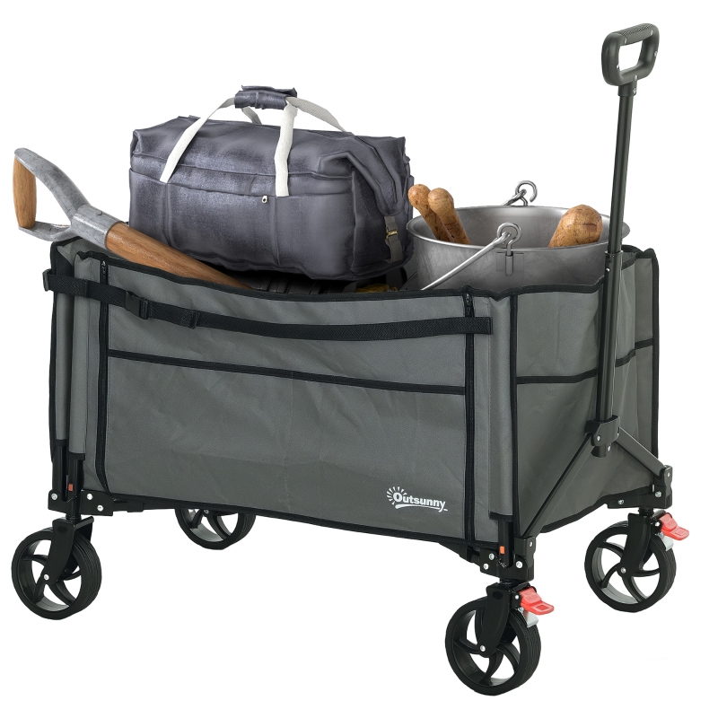 Best Folding Trolley on Wheels, 150L Collapsible Wagon Festival Trolley Cart with Openable Sides, Adjustable Handle and Brakes for Shopping Camping Beach and Garden, Grey - Image 10