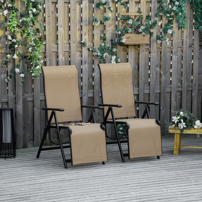 Outdoor Set of 2 Outdoor Sun Lounger 10-Position Adjustable Texteline Folding Reclining Chairs with Footrest for Patio Garden, Beige - Image 12