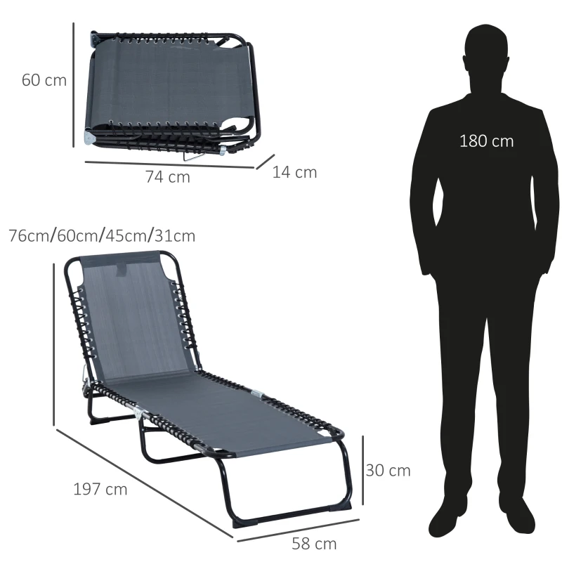 Best Foldable Sun Lounger, Outdoor 4 Level Adjustable Backrest Reclining Chaise Chair, Steel Frame Recliner Chair for Camping, Hiking, Grey - Image 3