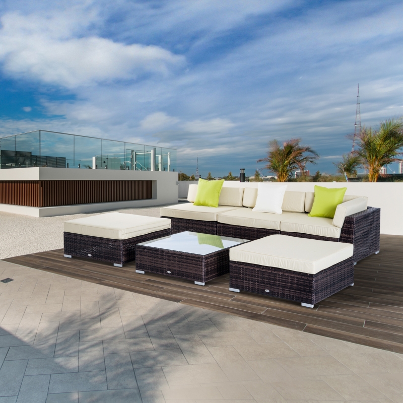 Best 6 PC Rattan Sofa Coffee Table Set Sectional Wicker Weave Furniture for Garden Outdoor Conservatory w/ Pillow Cushion Brown - Image 12