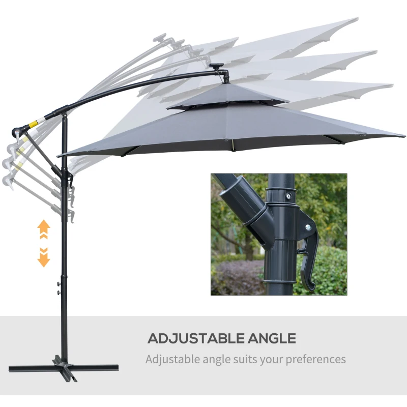 Best 3(m) Cantilever Banana Parasol Hanging Umbrella with Double Roof, LED Solar lights, Crank, 8 Sturdy Ribs and Cross Base for Outdoor, Garden, Patio, Grey - Image 6